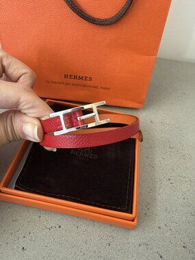 Hermes Behapi Double Tour Bracelet — Reversible Red Orange Leather, T2, Box